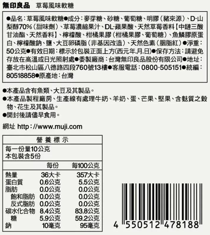 無印良品 草莓風味軟糖品名:草莓風味軟糖成分:麥芽糖、砂糖、葡萄糖、明膠(豬來源)、D-山梨醇70%(甜味劑)、草莓濃縮果汁、DL-蘋果酸、天然草莓香料中鏈三酸甘油酯、天然香料、檸檬酸、柑橘果膠(柑橘果膠、葡萄糖)、魚鱗膠原蛋白、檸檬酸鈉、鹽、大豆卵磷脂(非基因改造)、天然色素(胭脂紅)淨重:50公克 有效日期:標示於包裝正面上方(西元年月日) 保存方法:請避免存放在高溫或日光照射處委製廠商:台灣無印良品股份有限公司地址:臺北市松山區八德路四段760號13樓 客服電話:0800-505151 統編:80518858 原產地:台灣本產品含有魚類、大豆及其製品。本產品製程廠房、生產線有處理牛奶、羊奶、蛋、芒果、堅果、含麩質之穀物、花生及其製品。●開封後請儘早食用。網址 http://www.muji.com營養標示每一份量10公克本包裝含5份每份每100公克熱量36大卡357大卡蛋白質0.6公克5.5公克脂肪公克0.0公克飽和脂肪0.0公克0.0公克反式脂肪0.0公克0.0公克碳水化合物8.4公克83.8公克糖5.9公克59.2公克鈉10毫克95毫克4550512478188