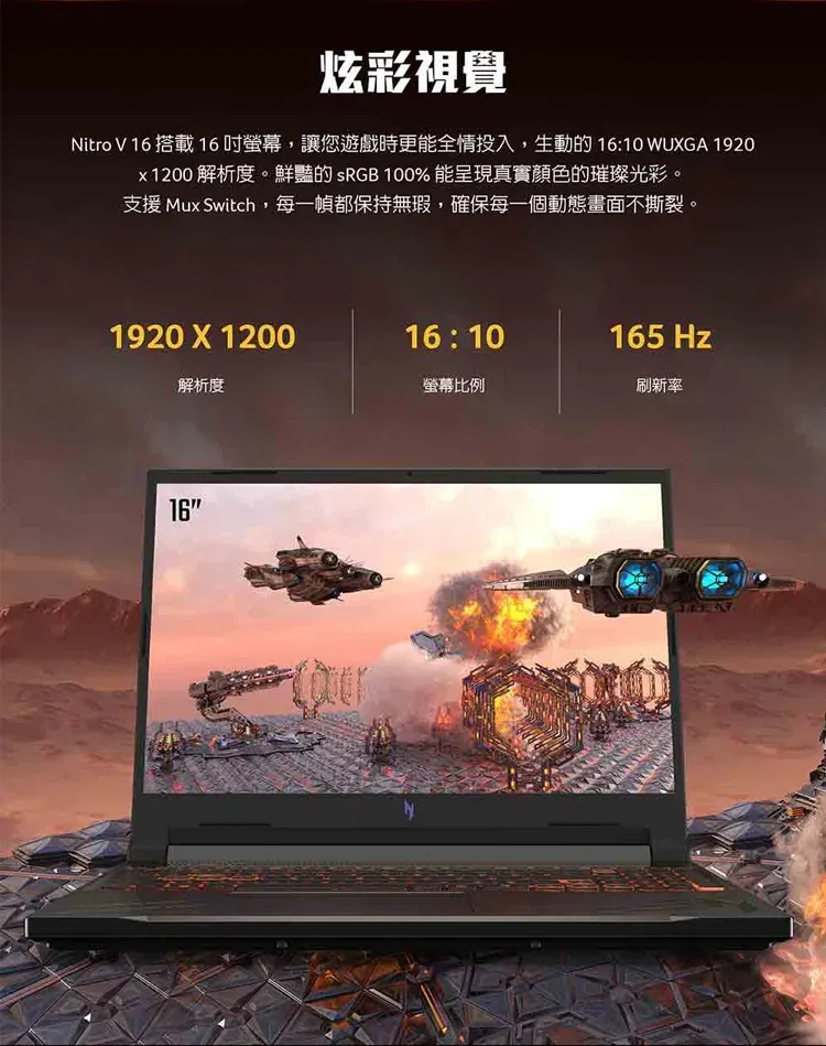 炫彩視覺Nitro V 16 搭載 16吋螢幕,讓您遊戲時更能全情投入,生動的16:10 WUXGA 1920x1200 解析度。鮮豔的 sRGB 100% 能呈現真實顏色的璀璨光彩。支援 Mux Switch,每一幀都保持無瑕,確保每一個動態畫面不撕裂。1920X120016:10165 Hz解析度螢幕比例刷新率16
