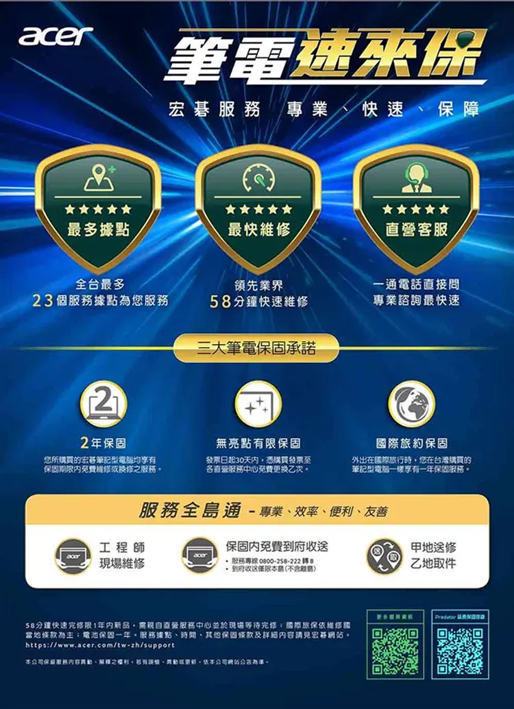 筆電速保宏 專業快速保障最多據點最快維直營客服全台最多領先業界一通電話直接問23個服務據點為您服務5分鐘快速維修專業諮詢最快速三大筆電保固承諾22年保固您所購買的宏筆記型電腦均享有保固期内免費維修換修服務無亮點有限保固發票日起30天憑購買發票至各直營服務中心免費乙次。國際旅約保固外出在國際旅行時您在台灣購買的筆記型電一樣享有一年保固服務。服務全島通-專業效率、便利、友善工程師acer現場維修保固內免費收服務專線0800-258-222 8到府收送本島(不含58分鐘快速修限1新品需親自直營服務中心並於現場等待修國際旅保依維修國當地條款為主:電池保固一年服務據點、時間、其他保固條款及詳細内容請見宏碁。https://www.acer.com/tw-zh/support本公司服務、之,若有、或,公司網站公告。甲地送修乙地取件Predator
