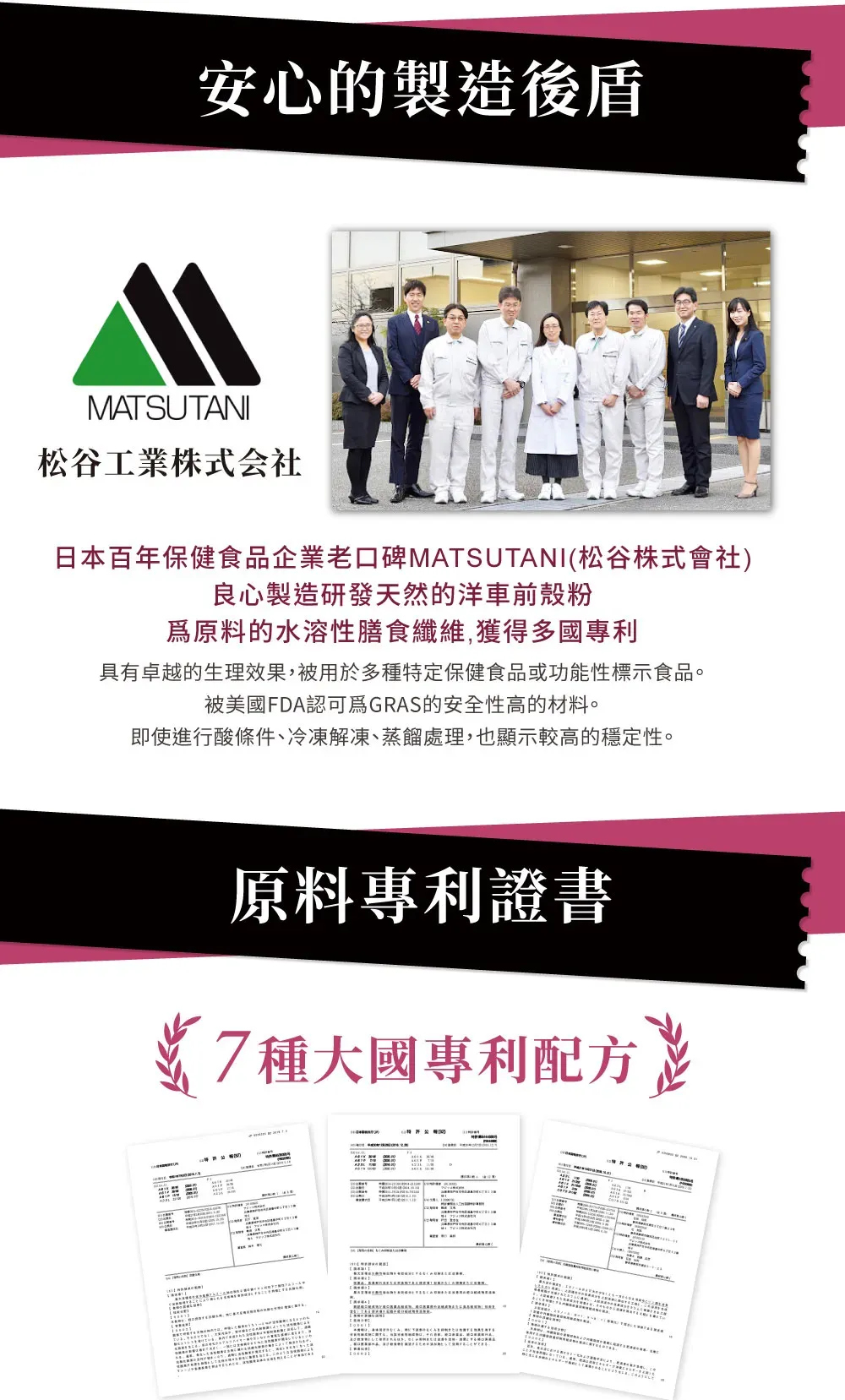 安心的製造後盾MATSUTANI松谷工業株式会社日本百年保健食品企業老口碑MATSUTANI(松谷株式會社)良心製造研發天然的洋車前殼粉原料的水溶性膳食纖維,獲得多國專利具有卓越的生理效果,被用於多種特定保健食品或功能性標示食品。被美國FDA認可GRAS的安全性高的材料。即使進行酸條件冷凍解凍、蒸餾處理,也顯示較高的穩定性。原料專利證書7種大國專利配方