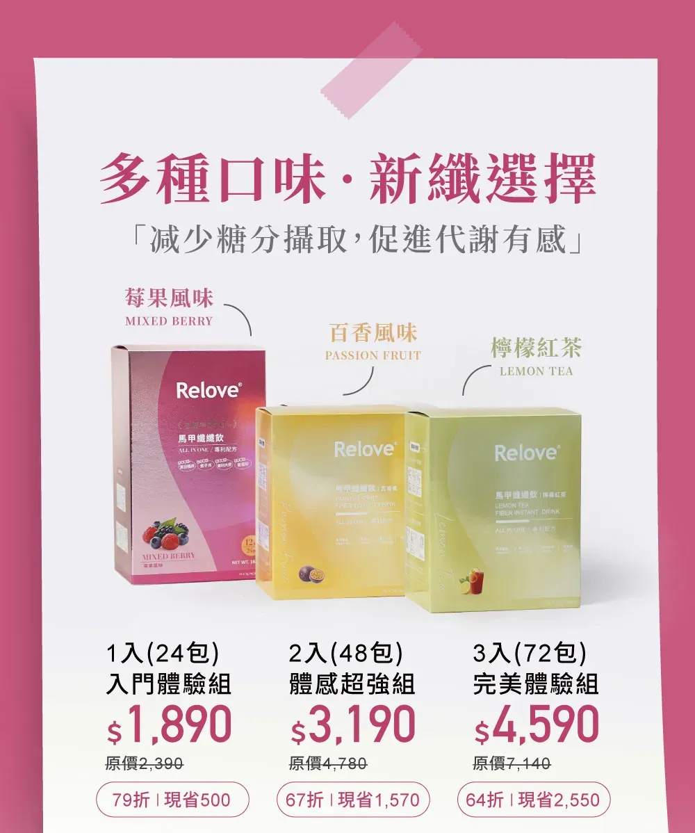 多種口味·新纖選擇「减少糖分攝取,促進代謝有感莓果風味MIXD BERRYRelove®纖纖百香風味PASSION FRUIT檸檬LEMON TEAALL  /配方Relove MIXED BERRY1入(24包)入門體驗組1,89012NET WT   -Relove®馬甲紅茶LEMON TEA  DRINKALL IN  E2入(48包)體感超強組$3,190原價4,7803入(72包)完美體驗組$4,590原價7,140原價2,39079折 現省50067折現省1,57064折現省2,550