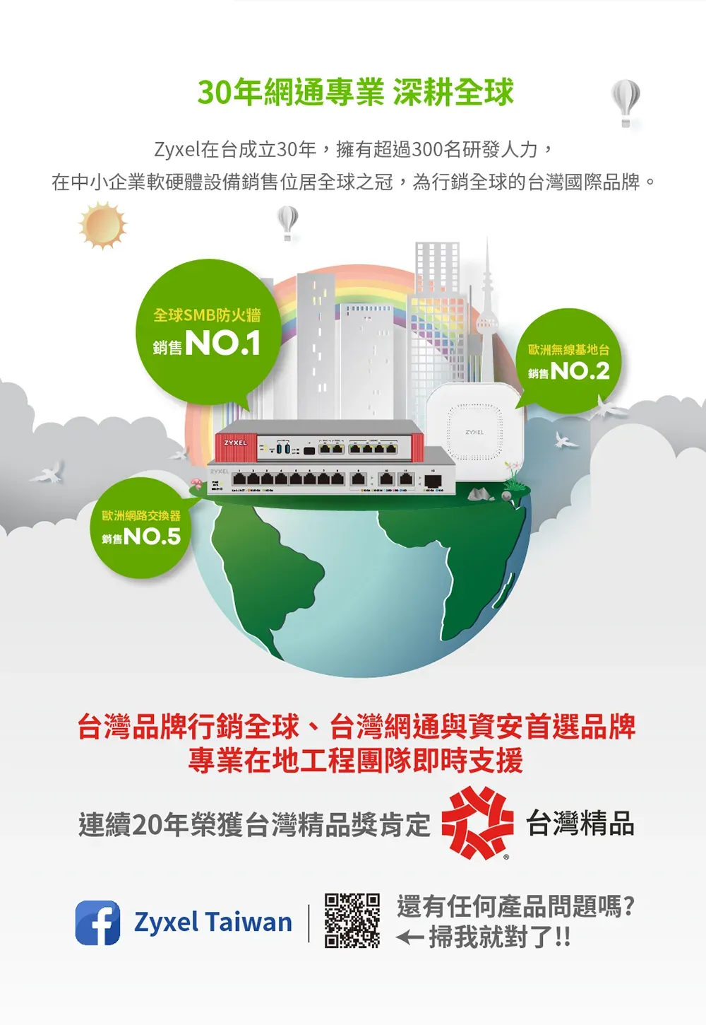 30年網通專業 深耕全球Zyxel在台成立30年,擁有超過300名研發人力,在中小企業軟硬體設備銷售位居全球之冠,為行銷全球的台灣國際品牌。全球SMB防火牆銷售NO.1歐洲網路交換器銷售NO.5歐洲無線基地台銷售 NO.2台灣品牌行銷全球、台灣網通與資安首選品牌專業在地工程團隊即時支援連續20年榮獲台灣精品獎肯定糕 台灣精品還有任何產品問題嗎? Zyxel Taiwan← 掃我就對了!!