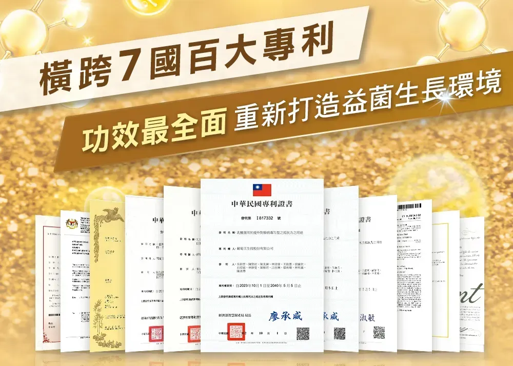 橫跨7國百大專利功最全面重新打造益菌長環境國專利證書中華817332證書之生鐘、效023101至月日止12廖承威中華民淑敏