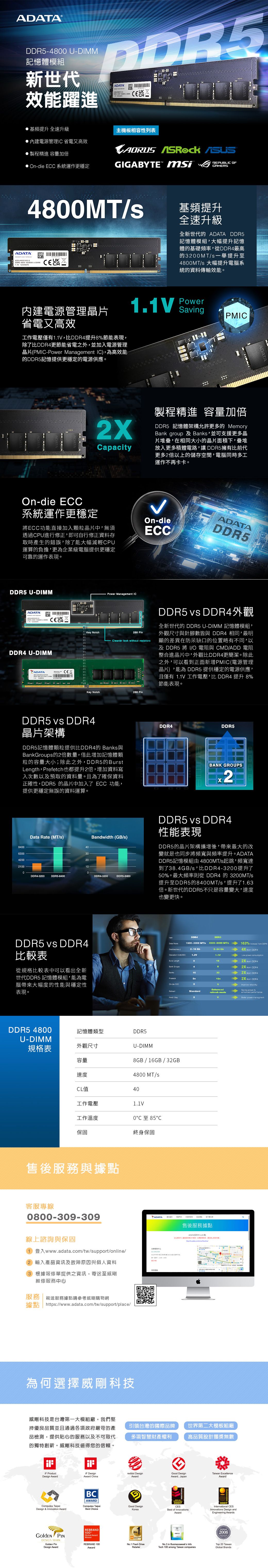 ADATA 威剛DDR5 4800 16GB 桌上型記憶體- PChome 24h購物