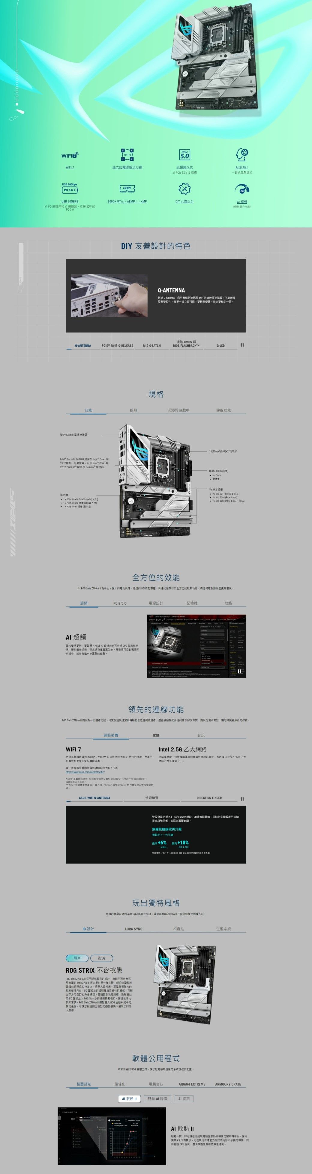 112.0WF 7強大電源解決方案5 5.0USB 20GbpPD3.0 一鍵式調校USB 20GBPS8000+ TsEMP   XMPDY 友善設計超频x1  連埠 x1 連接器30W PD3.0輕鬆提升DIY 友善設計特色QNTENN透過 QAntenna您可輕鬆快速 天線連接電腦不必緩慢旋緊雙扣件簡單一立即可用更輕鬆便捷更穩定一致清除 QANTENNAPCIE  Q-RELEASE Q-LATCH FLASHBACKMQ-LED效能雙 ProCool  電源連接器規格沉浸遊戲中連線1670A+170A+2 功率 Socket LGA1700   Core13 與新一Inter Core12 代 Pentium® Gold 及Celeron 處理器DDR5 8000 ( 擴充槽  PCle 5.0x16  (x16)  ()  3.0x1插 5xM.2  220 ( ) 2xM.2 2280 (  x) M.2 2280 (PCle  x4 SATA)全方位效能RG  Z790-A  中心強大電力供應的 DDR5 體快速的儲存以及全方位的散任何電腦升至更高層次超頻PCIE 5.0電源設計記憶體 超頻調校變得更快更  超頻功能可分析 CPU 與況預測最佳態使發揮最高效能預測值可自動套用至系統中作進一步實驗的起點 BIS - My     Advanced    領先的連線功能RG Strix Z790-A  提供新一代連線功能可實現超快速低延遲路連線這些優點的音訊解決方案提供沉浸式音效讓您察覺最細微的線索網路裝置USB音訊WIFI 7Intel 2.5G 乙太網路透過 (MLO) * 可以提供比 WIFI  更快的速度更高的可靠性和更佳的資料傳輸效率低延遲遊戲快速檔案傳輸和高解析度視訊串流是Intel*2.5 Gbps 乙太網路的眾優勢之一,進一步瞭解路運作(MLO)和WIFI7技術https/www.asus.com/content/wifi7/ (多運作) 全功能支援將接於 Windows 11 2024  (Windows 11*24H2)或功能晶片組、WiFi  支援的作業系統以支援功ASUS WIFI Q-ANTENNAID 設計快速檢查DIRECTION FINDER雙收發器支援 2.4、5和6 頻段,加速資料傳輸,指向盤敏度可協助提升訊號品質,並範線訊號接收再升級相較於上一代天最高+6%最高+18%6 5/2.4 網: GHz 和  GHz 的異,玩出大膽的美學設計和 Aura Sync RGB 控制項,讓 ROG Strix Z790-A  部裝備中閃耀光彩。照片影片AURA SYNCROG STRIX 不容挑戰ROG Strix Z790-A I明亮醒目的設計,為而帶有沉無圍的 Strix Z790-F 版本提供另一種主題。熱器躍然於深色的 PCB上,將目光集中至電路板強大的管理元件,I/O護板上的透明獨特的觸,突出下方可自的 RGB 標誌,整體設計和電路板、散熱器以及I/O護板上以 ROG 為中心的細節緊緊相扣,營造出活力與未來感 Strix Z790-A   ROG 生態系統中的其他產品,可讓您創造自訂的遊戲裝備以展現您的個格。相容性軟體公用程式琳瑯滿目的 ROG 專業工具,讓您存取進階的系統調校與配置。生態系統智慧控制最佳化電競音效DA64 EXTREMEARMOURY CRATE散熱 雙向 降噪AI網路 4 O   AI散熱 輕鬆一按,即可讓任何組裝電腦在散熱與之間取得平衡。採用獨家 ASUS 演算法,可在執行快速測試時消除不必要的,同時監控 CPU 溫度,活風維持最佳速度。